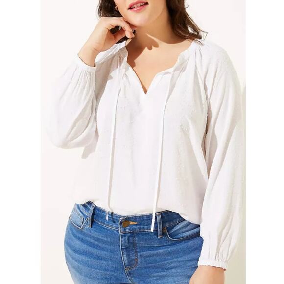 Ann Taylor Loft Plus White Clip Dot Split Neck Blouse Tunic Top Women 16W Beachy - Picture 1 of 10
